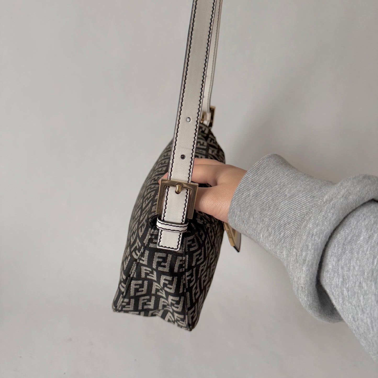 Fendi Zucchino & White Leather Baguette Shoulder Bag