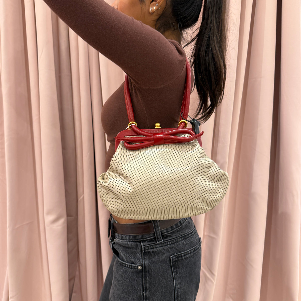 Chanel Beige Perforated Leather Bow Frame Bag