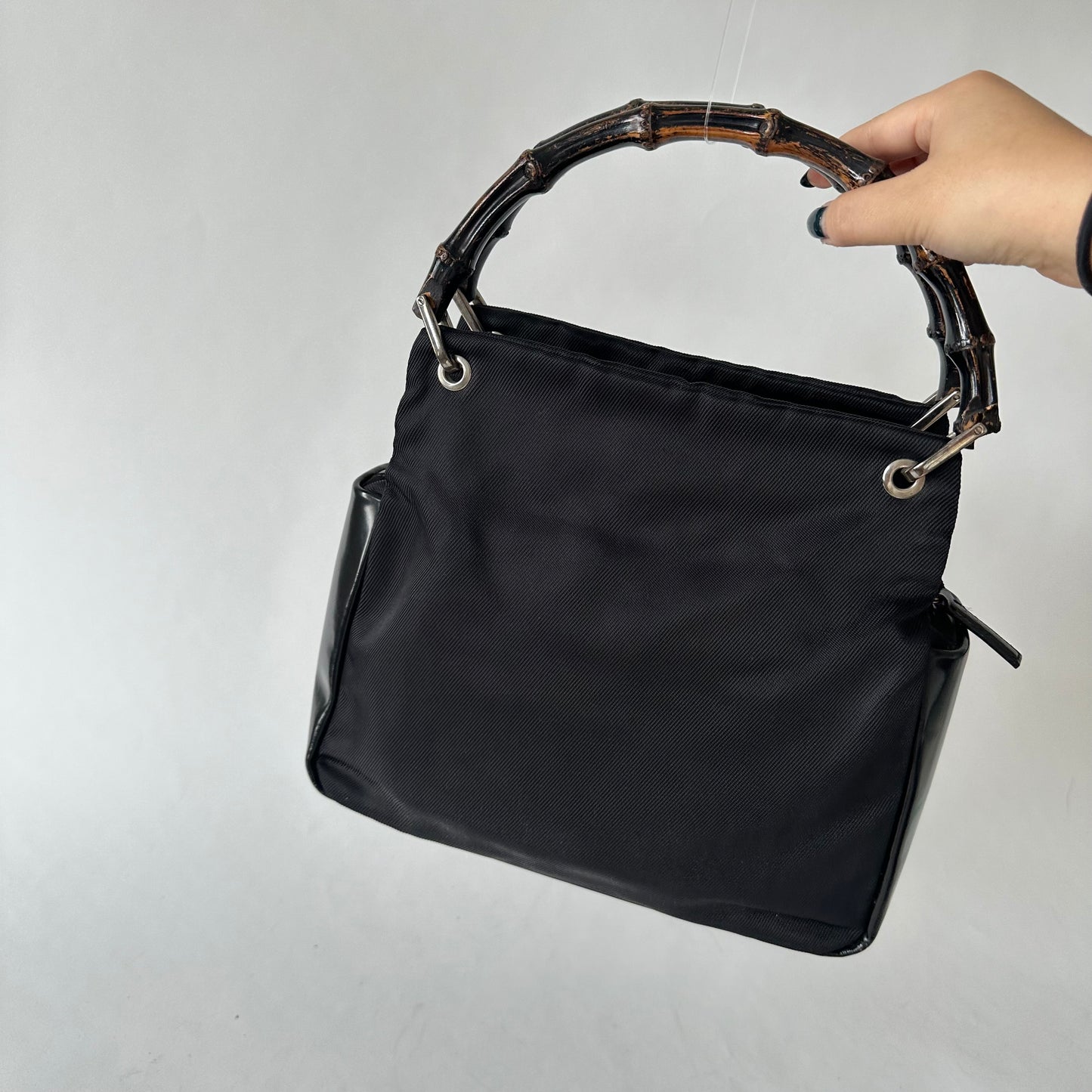 Gucci Black Nylon & Leather Bamboo Tote
