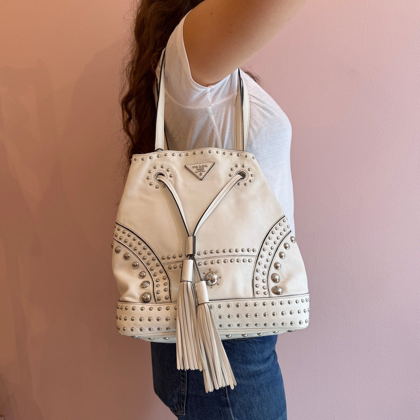 Prada Western White Leather Studded Drawstring Bucket Tote Bag