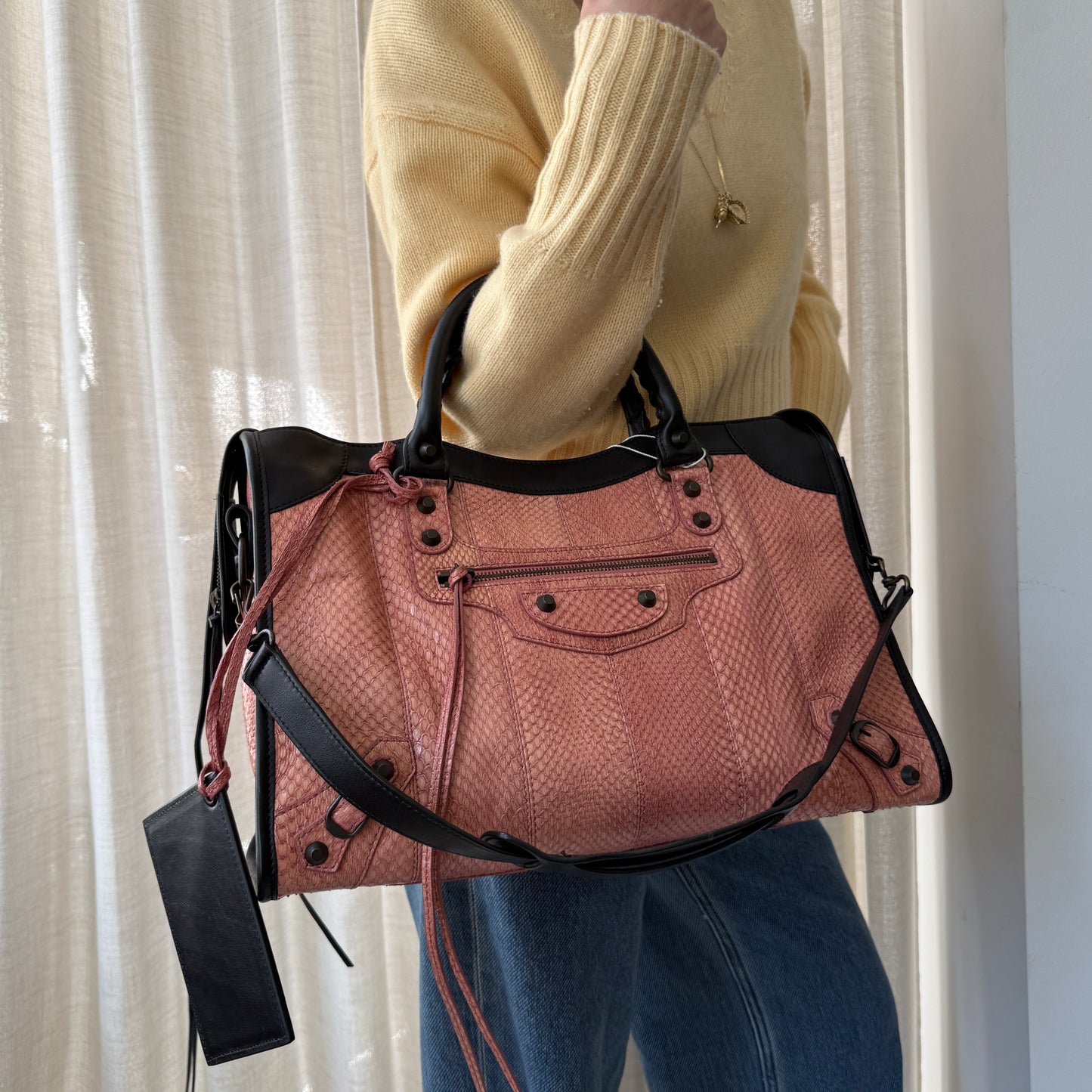RARE Balenciaga Python Salmon Pink & Black City Bag