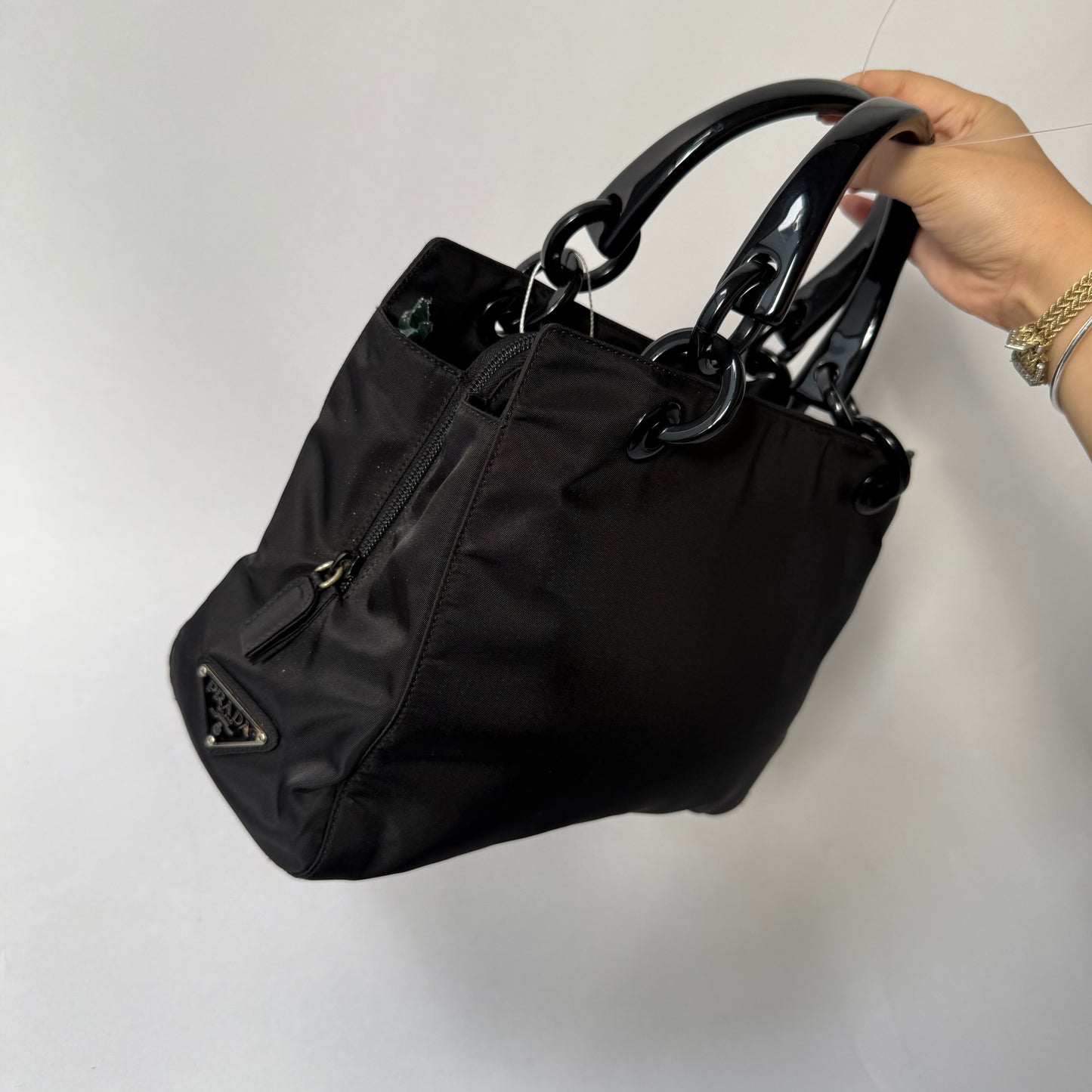 Prada Black Nylon Black Acrylic Handle Tote Bag
