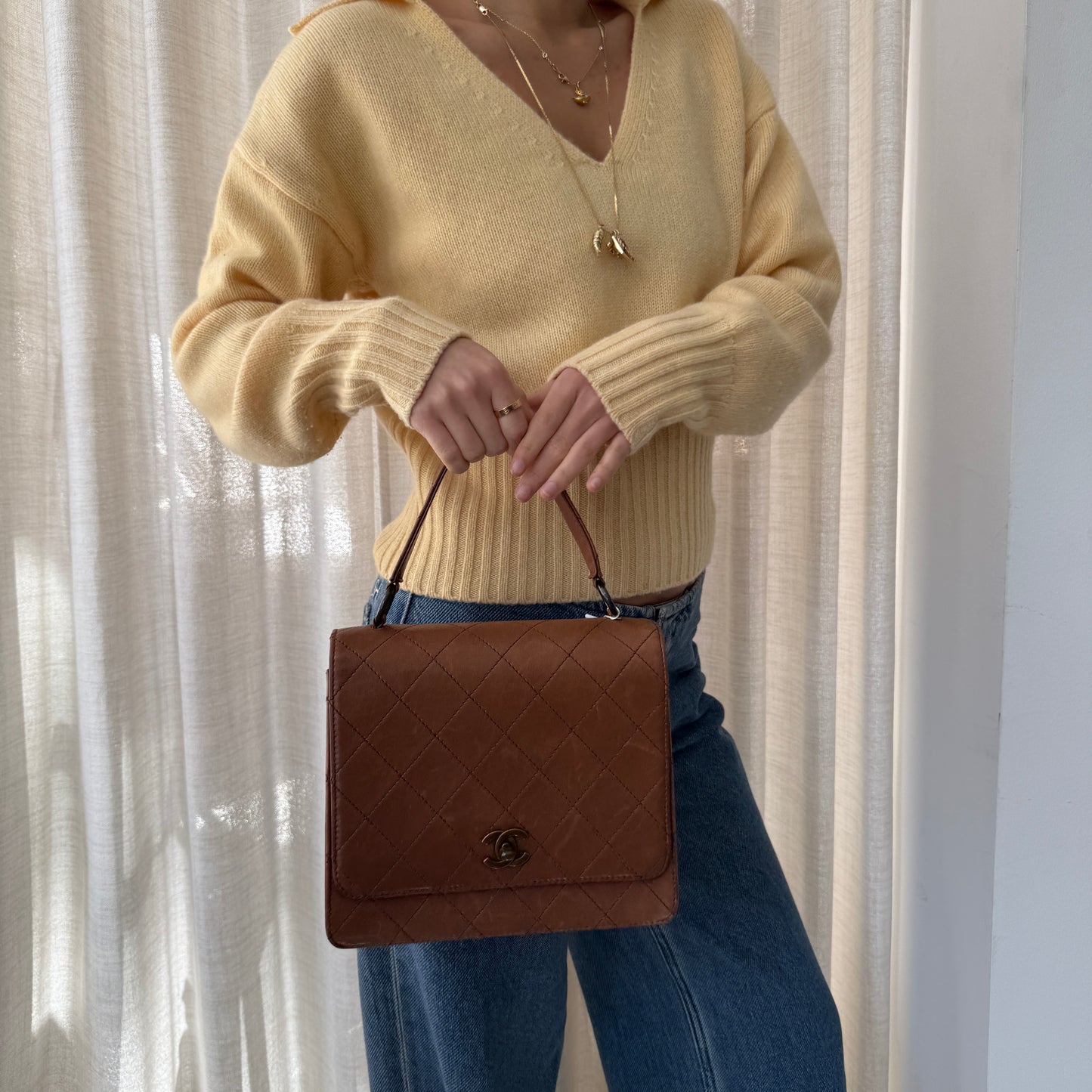 Chanel 1997 Brown Lambskin Leather Quilted Kelly Top Handle Flap