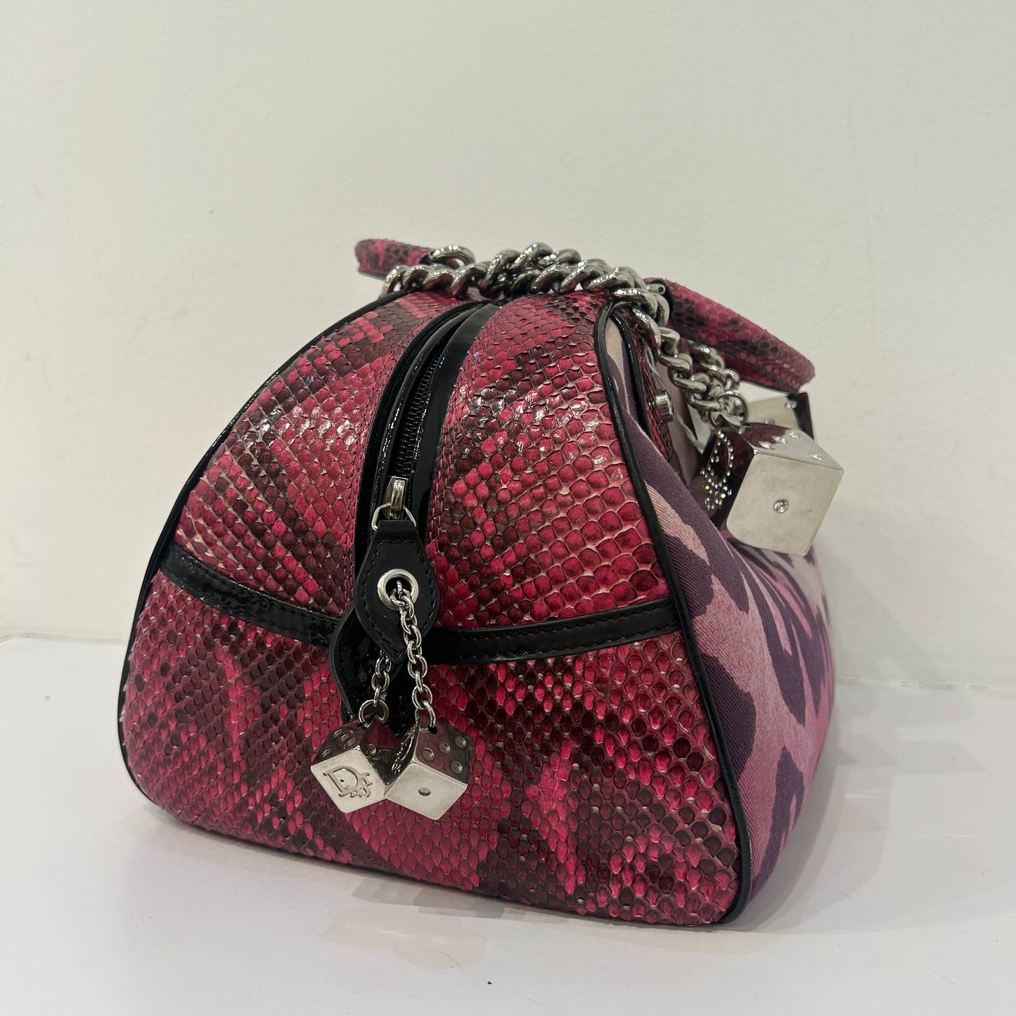 Christian Dior Pink Python Leather & Canvas Cheetah Print Gambler Dice Bowler Bag