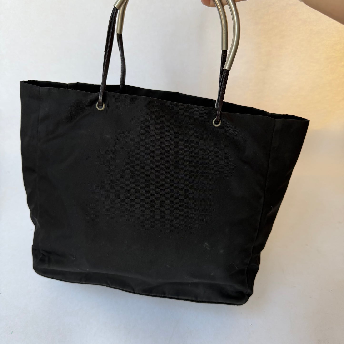 Prada Black Nylon Metal Handle Tote Bag