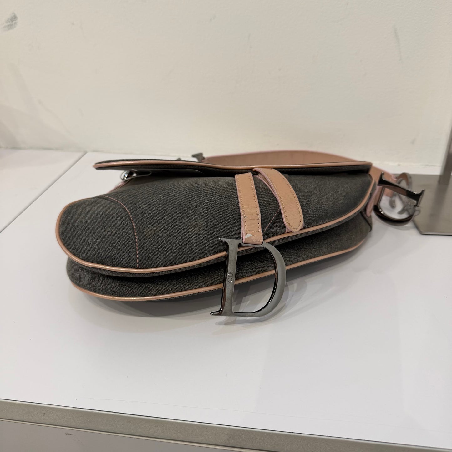 Christian Dior Gray Denim & Pink Patent Leather Saddle Shoulder Bag