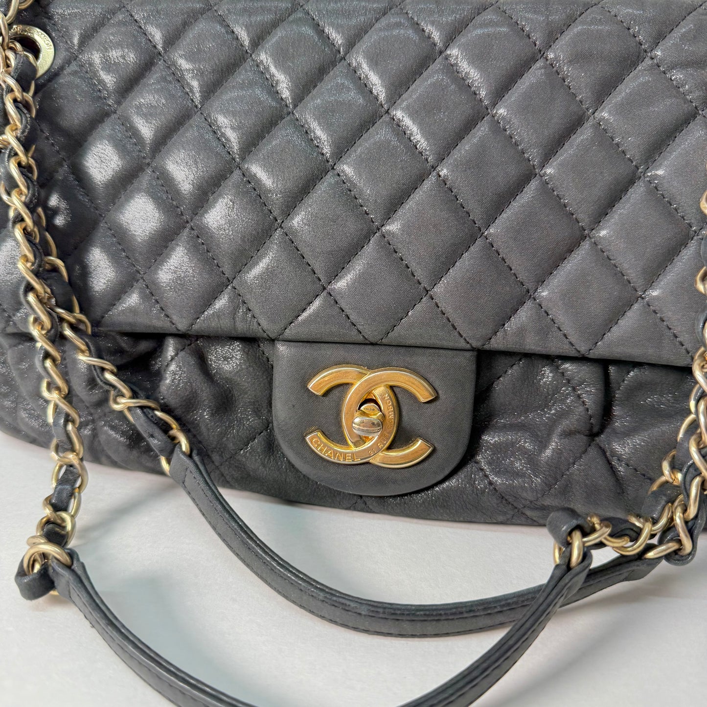 Chanel Dark Gunmetal Shiny Lambskin Flap Shoulder Bag w/ Chain Strap