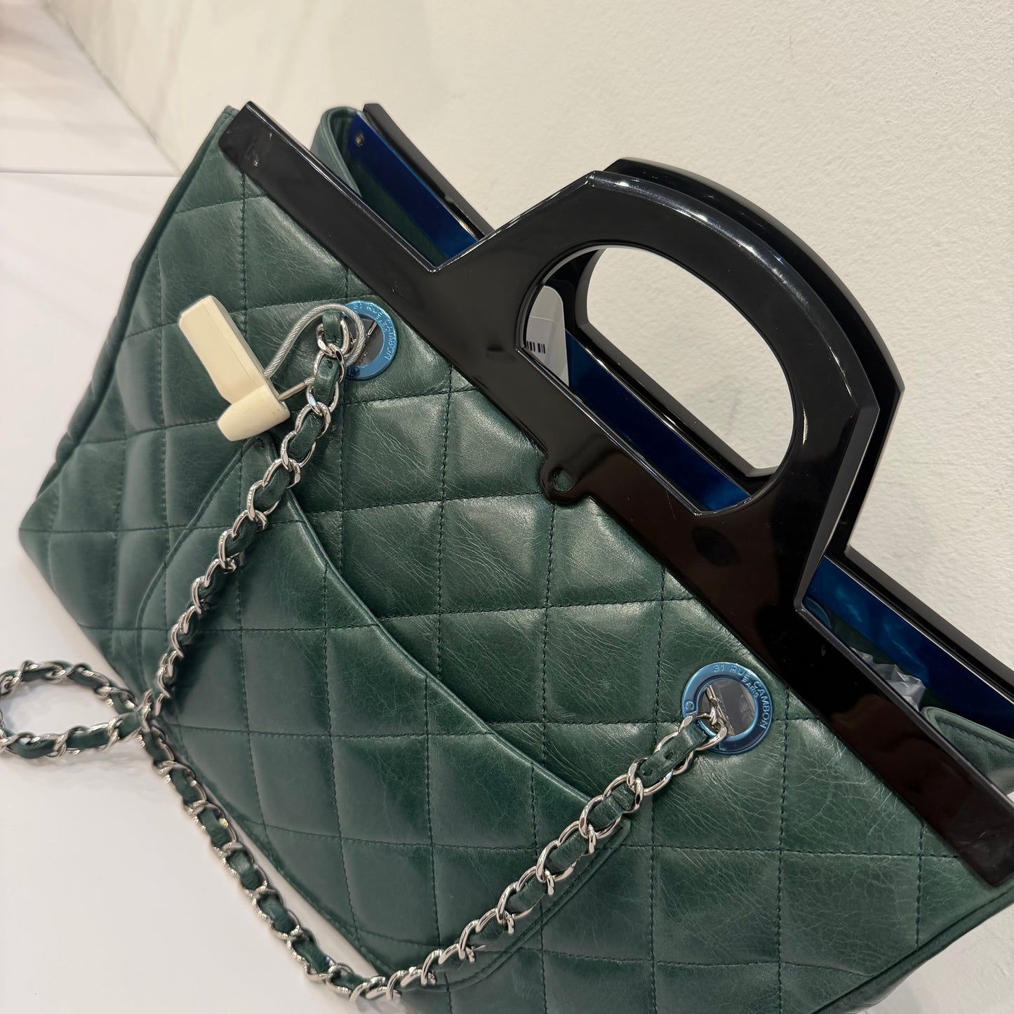 RARE Chanel Green Lambskin Leather Quilted Delivery Tote Bag