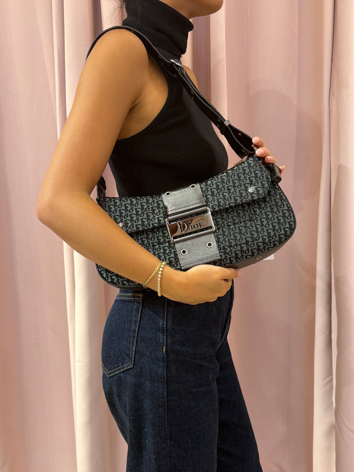 Christian Dior Metallic Gray Black Canvas & Leather Trotter Monogram Columbus Shoulder Bag