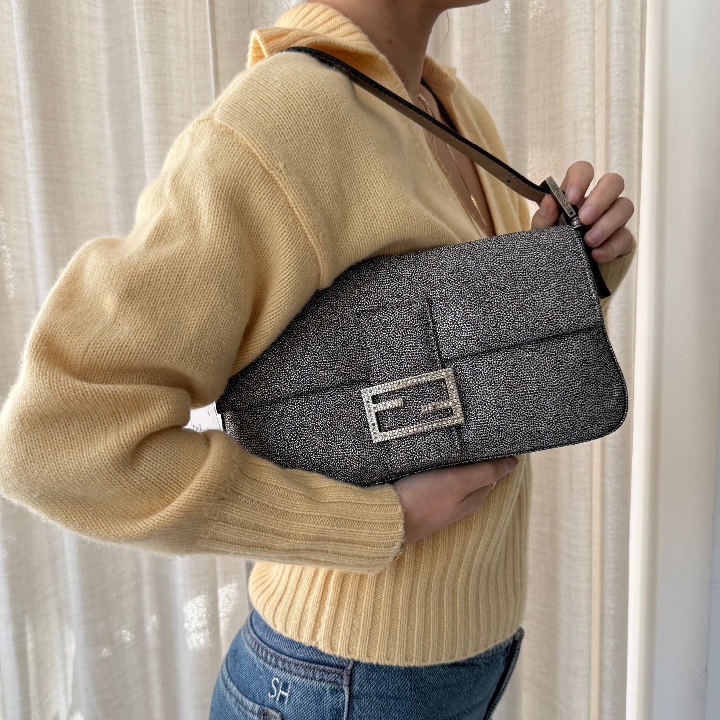 Fendi Metallic Textured Baguette w/ Rhinestone Hardware