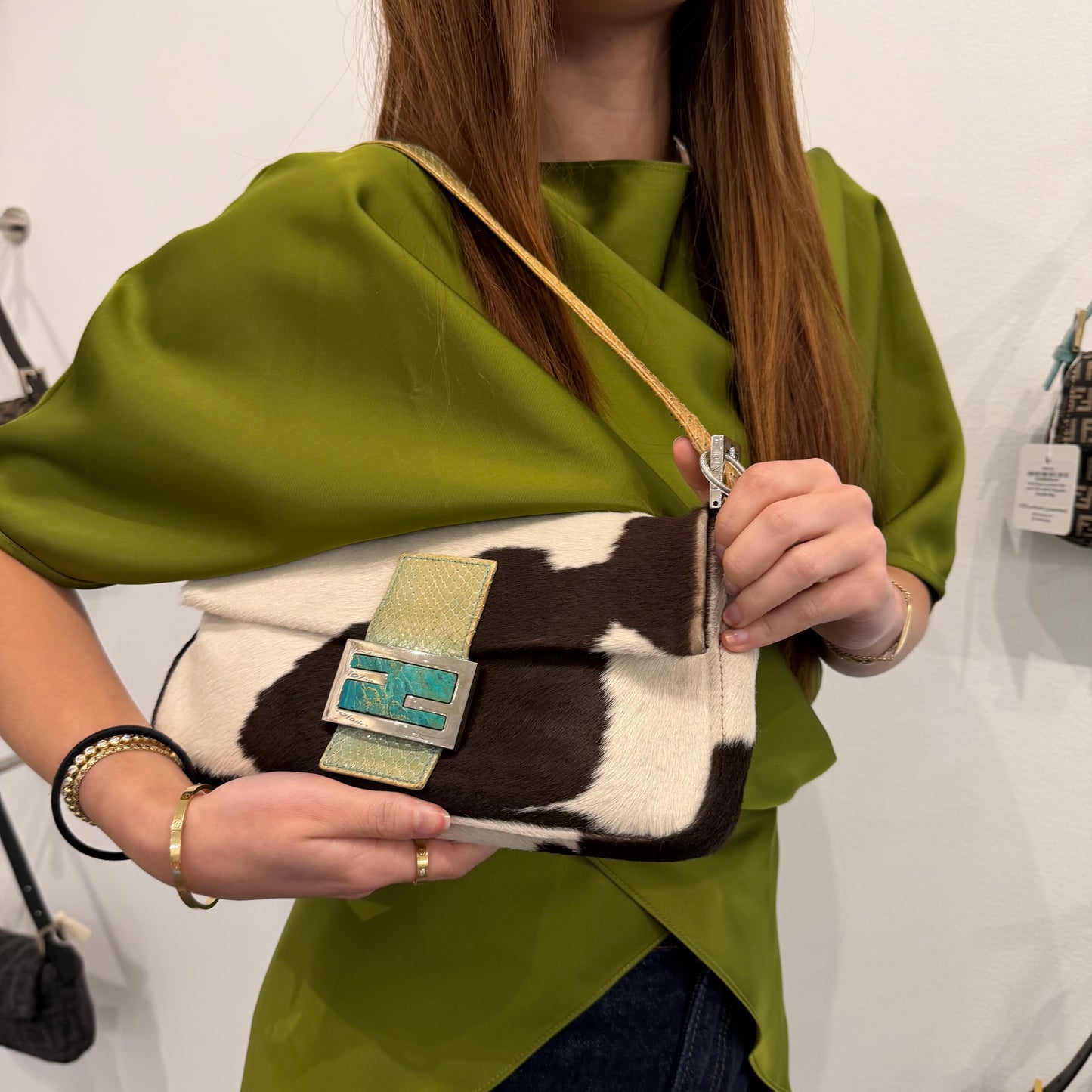 Fendi Multicolored Pony Hair & Python Baguette Shoulder Bag