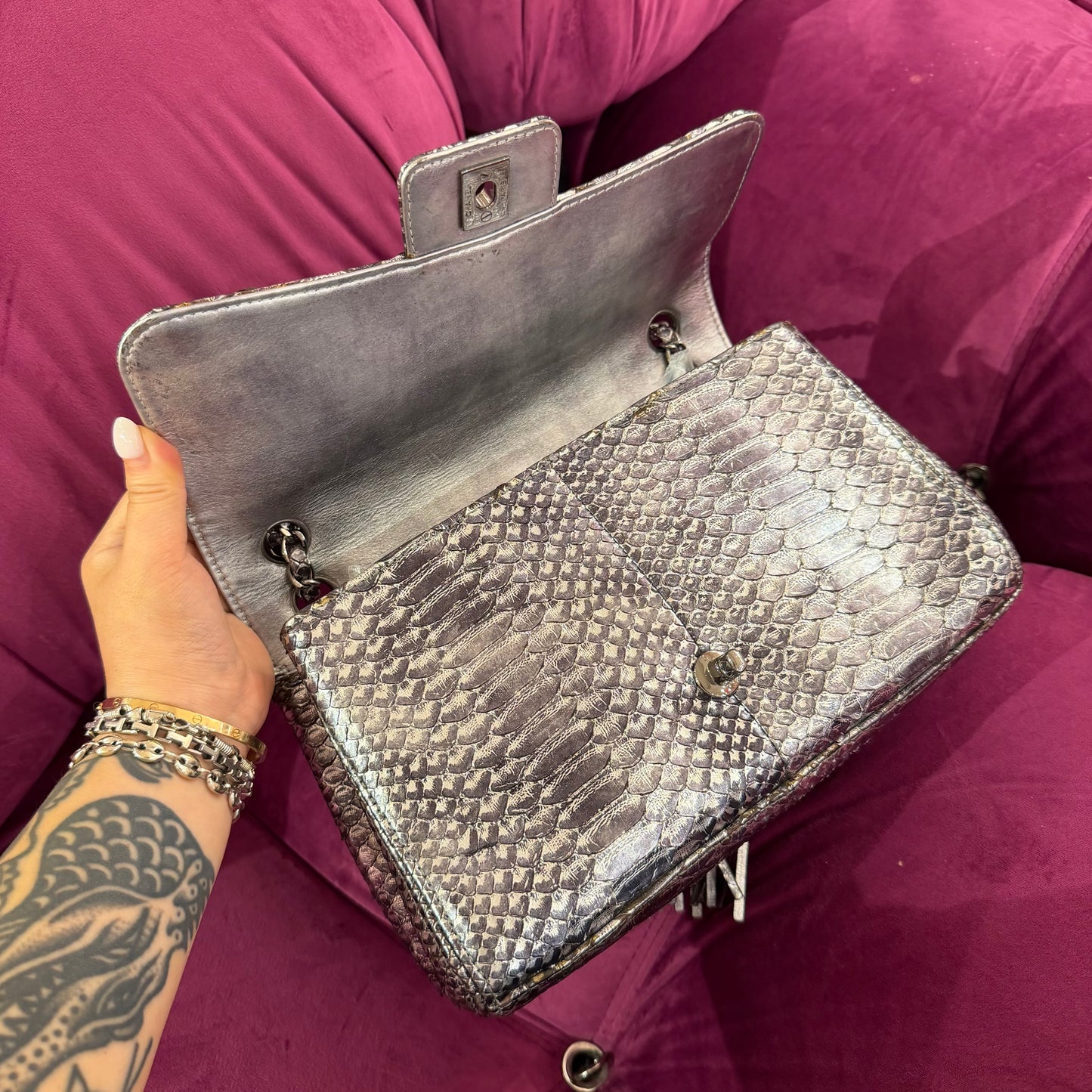 Chanel 2007 Silver Python Soho Tassel Flap Bag