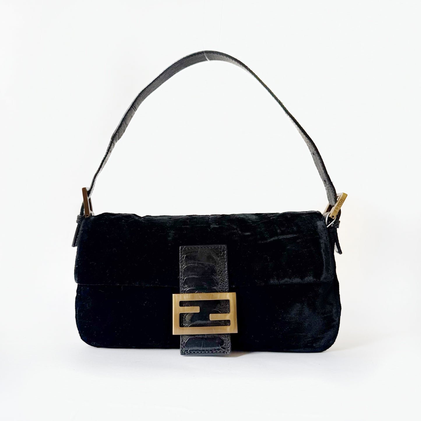 RARE Fendi Black Floral Embossed Velour & Crocodile GHW Baguette