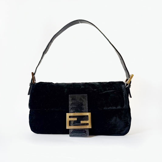 RARE Fendi Black Floral Embossed Velour & Crocodile GHW Baguette