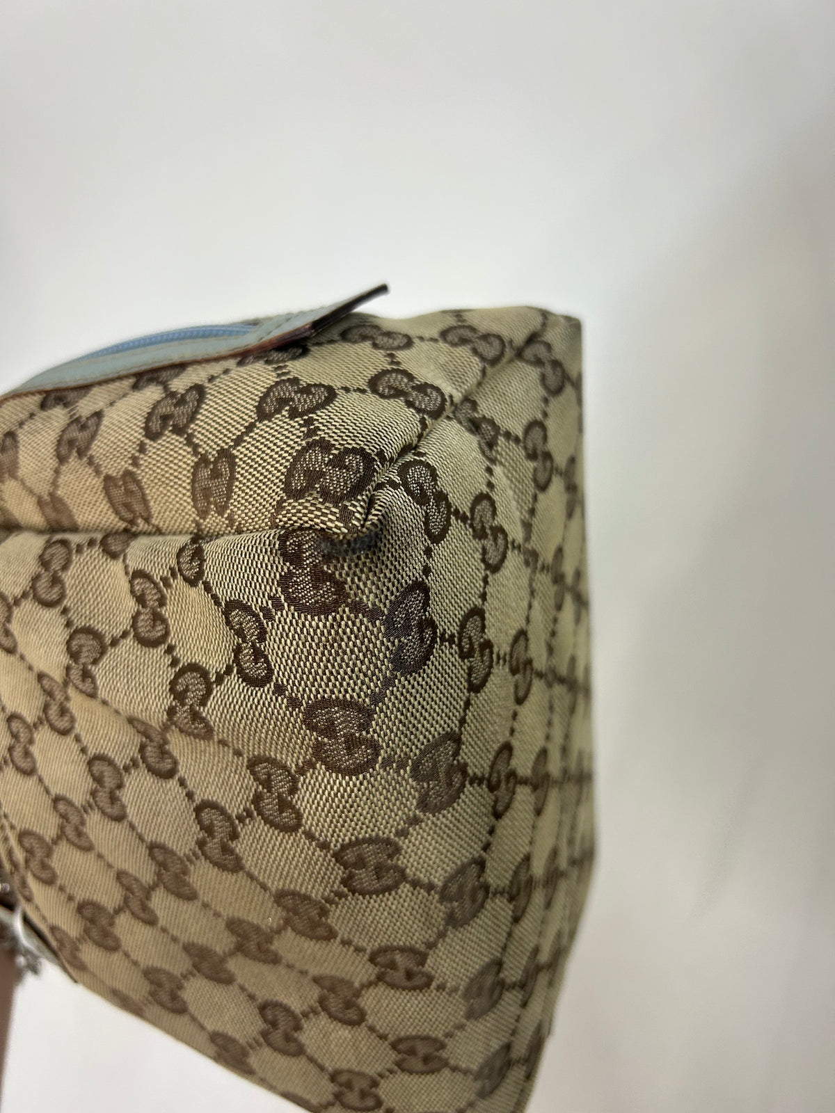 Gucci Brown Monogram Canvas Baby Blue Trim Top Handle Bag