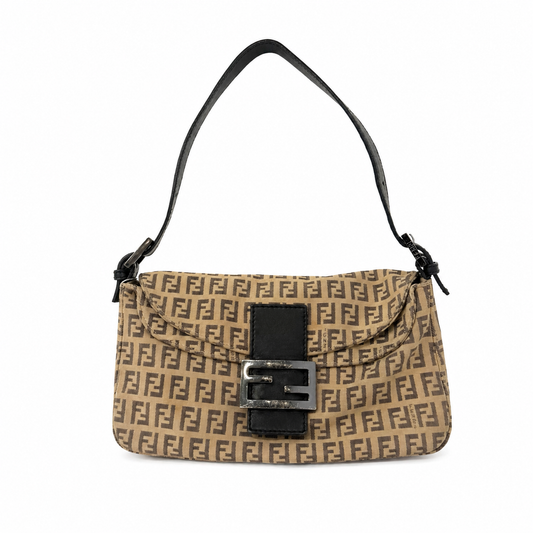 Fendi Brown Zucchino Canvas Rounded Double Flap Baguette