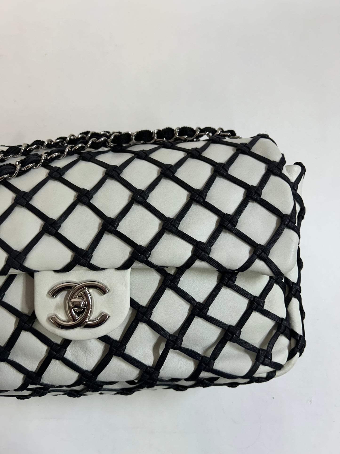 Chanel White & Black Lambskin Leather Canebiers Jumbo Net Flap SHW