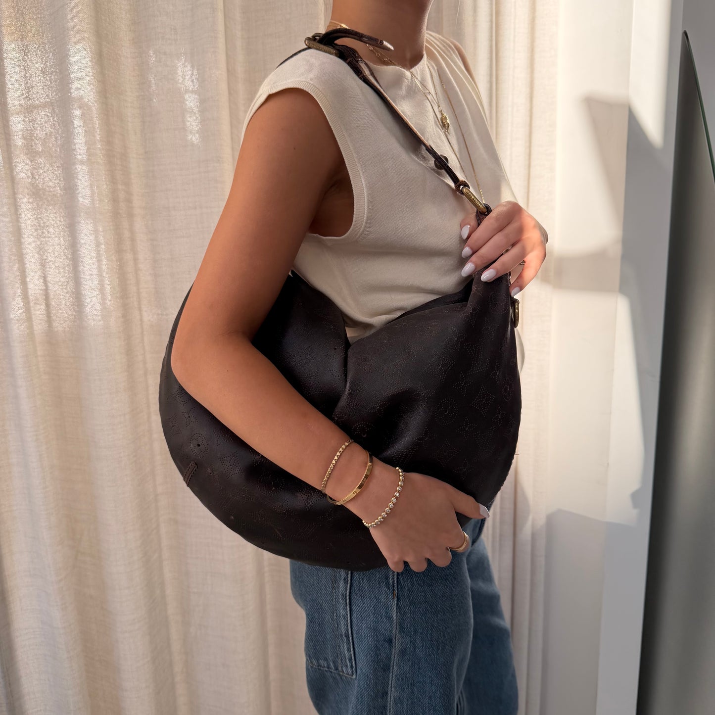 Louis Vuitton Brown Leather Monogram Perforated Mahina Onatah Hobo Bag