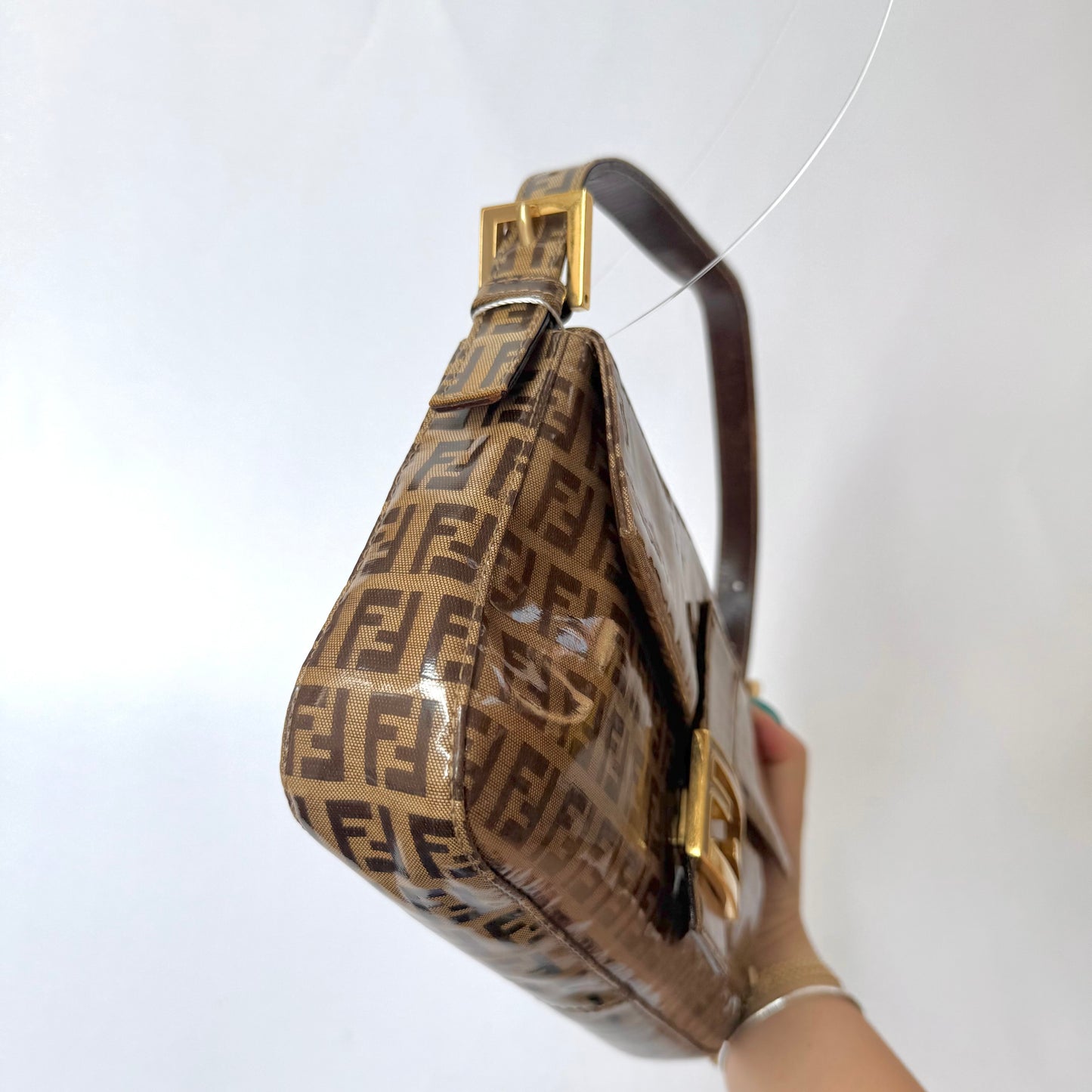 Fendi Brown Zucchino Patent Leather Baguette