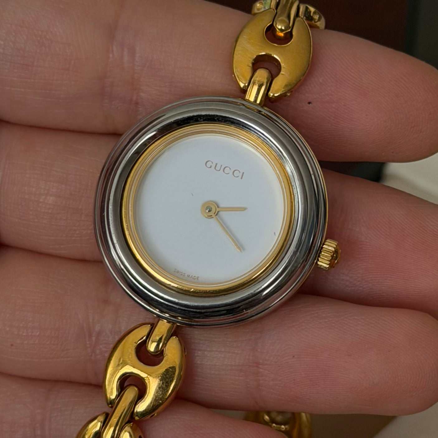 Gucci Gold Mariner Link White Dial Bezel Watch