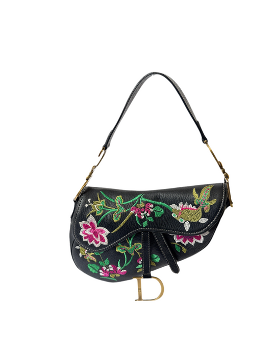 RARE Christian Dior Limited Edition  Black Leather Floral Embroidered Saddle Bag