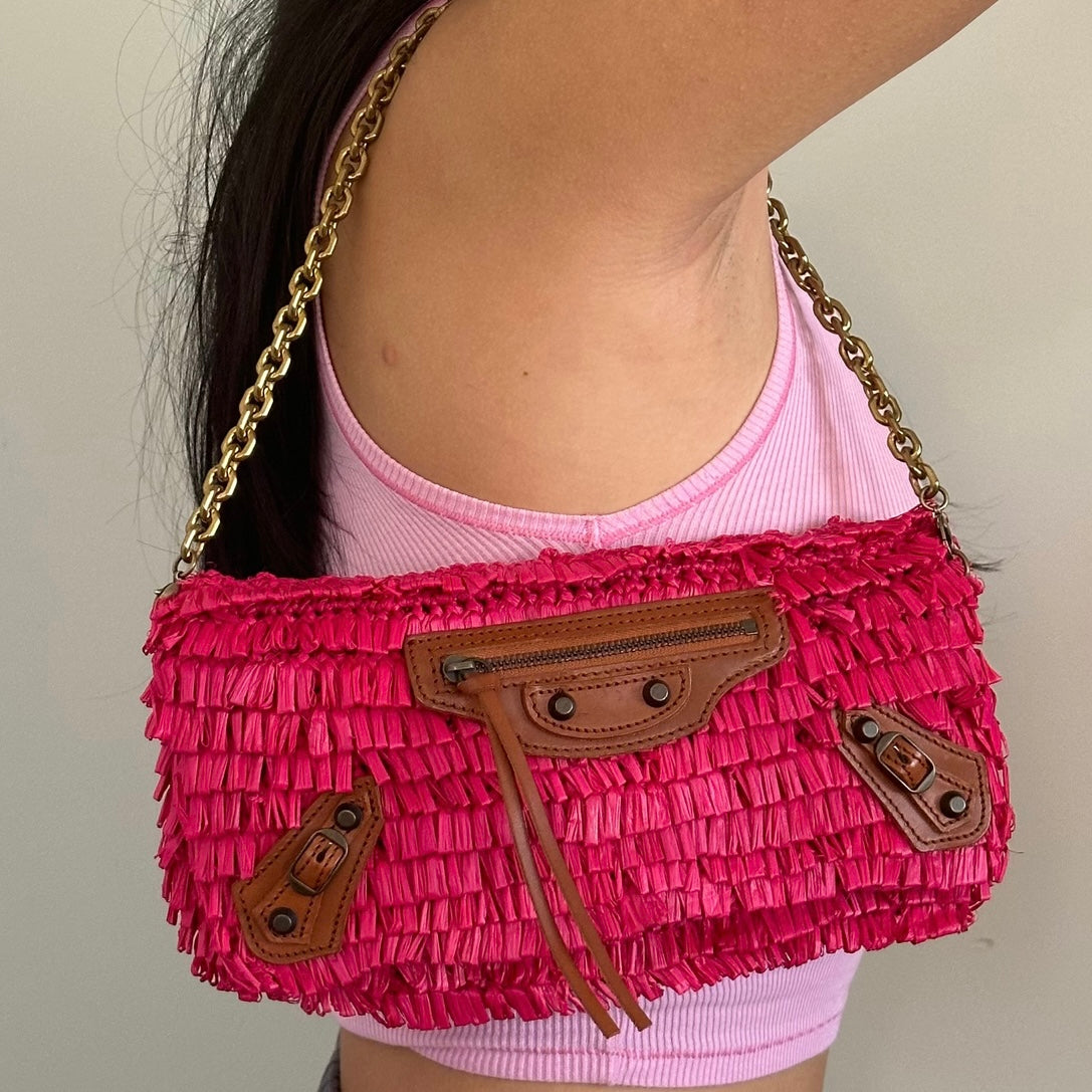 Balenciaga Woven Pink & Beige Panier Large Basket Rafia Tote w/ Mirror