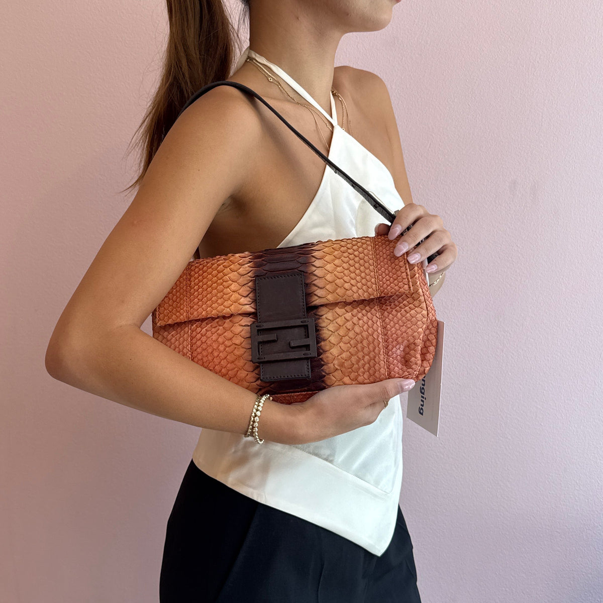 Fendi Orange & Brown Snakeskin Leather Baguette Shoulder Bag