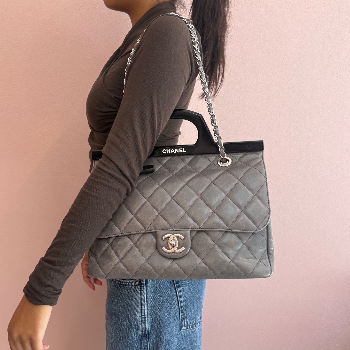 Chanel Gray & Black Lambskin Quilted Acrylic Handle Delivery Flap