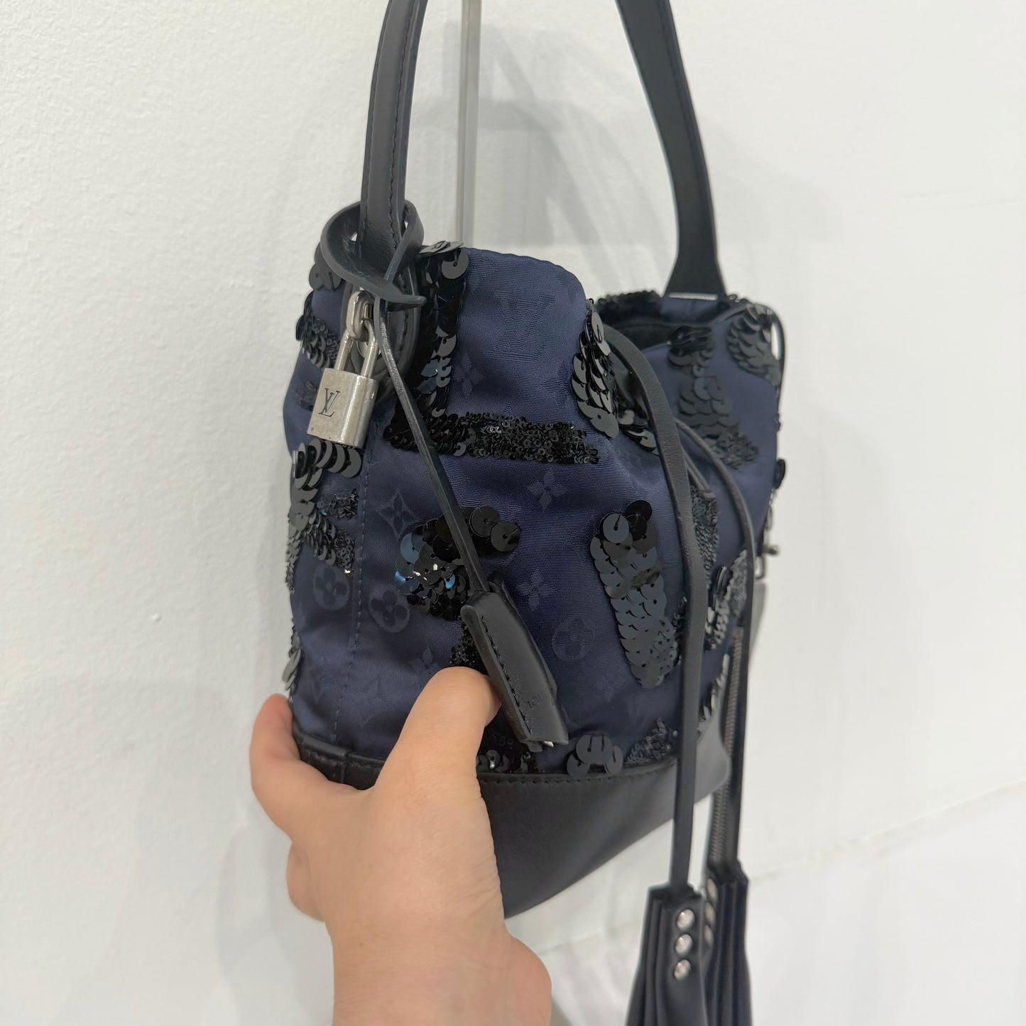 Louis Vuitton Navy Satin Monogram Spotlight PM Black Sequin Bucket Bag