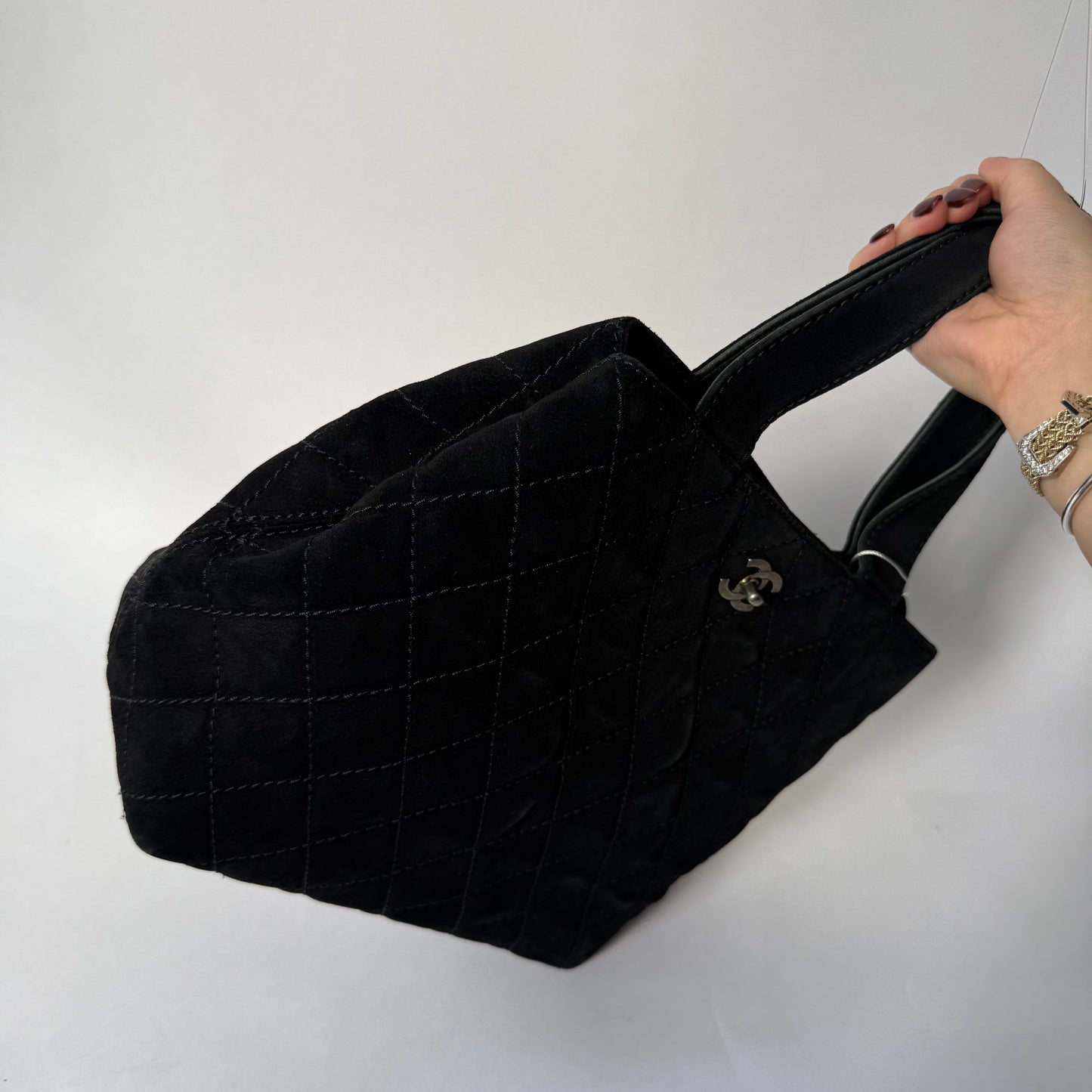 Chanel Black Suede Quilted Tote Bag