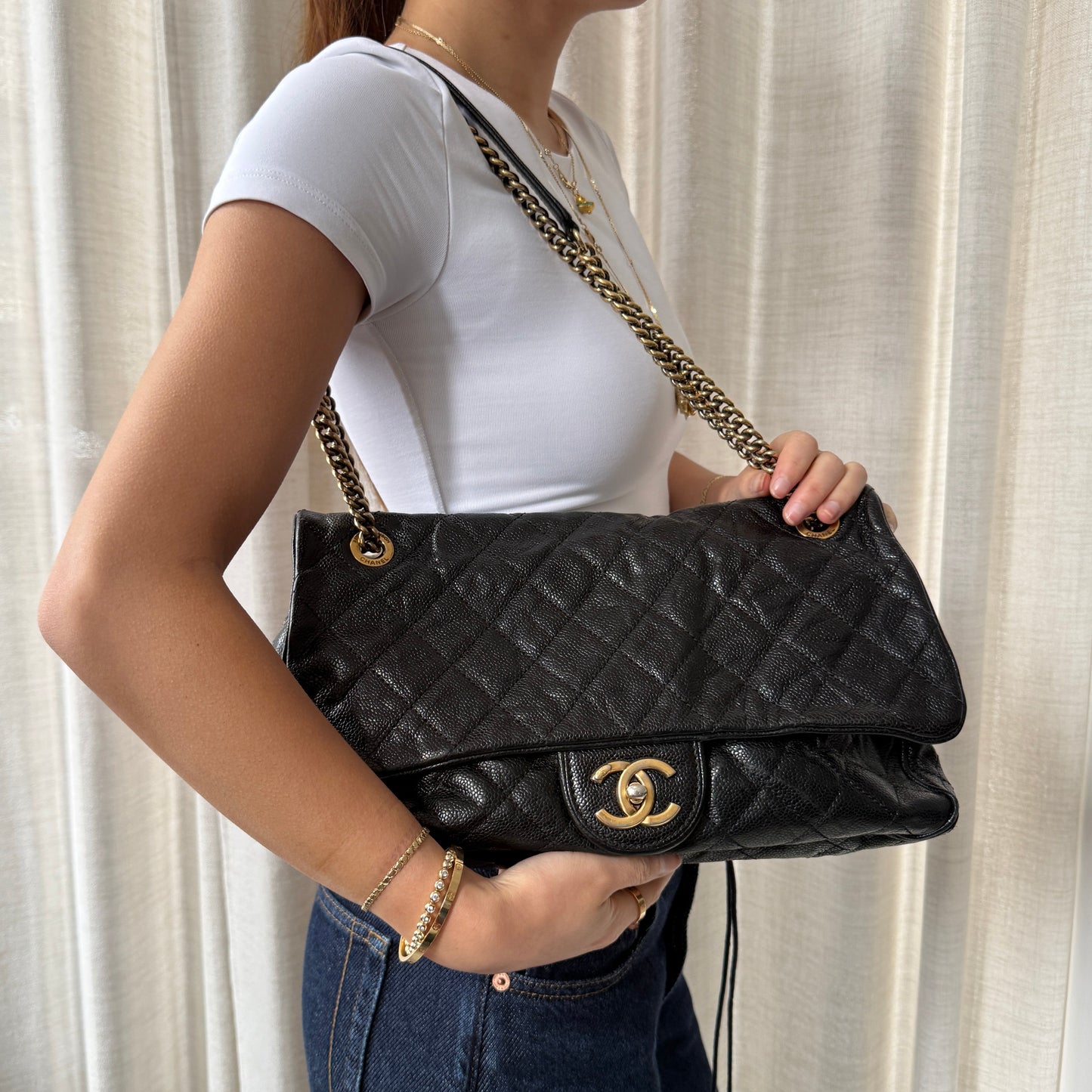 Chanel 2012 Black Crumple Effect Caviar Shiva Slouchy Camera Flap Bag