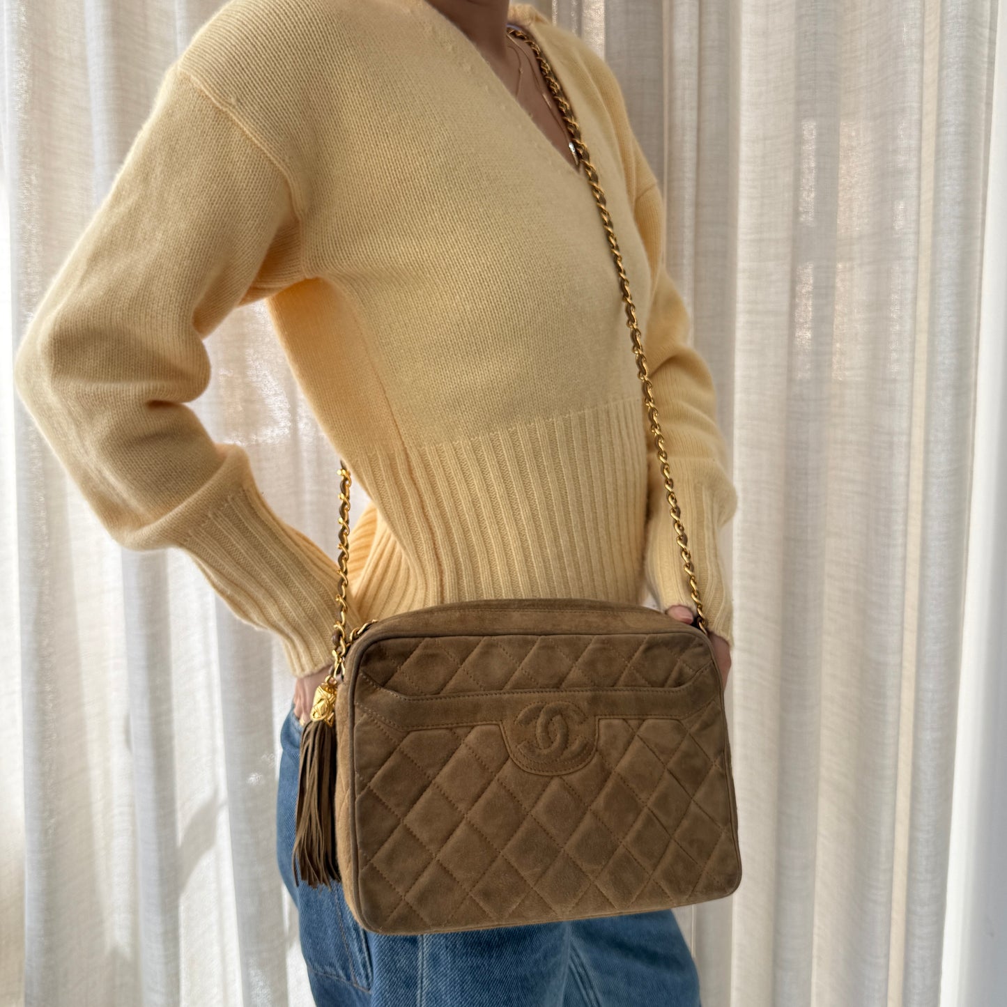 Chanel Brown Suede Quilted Fringe Camera Shoulder Bag