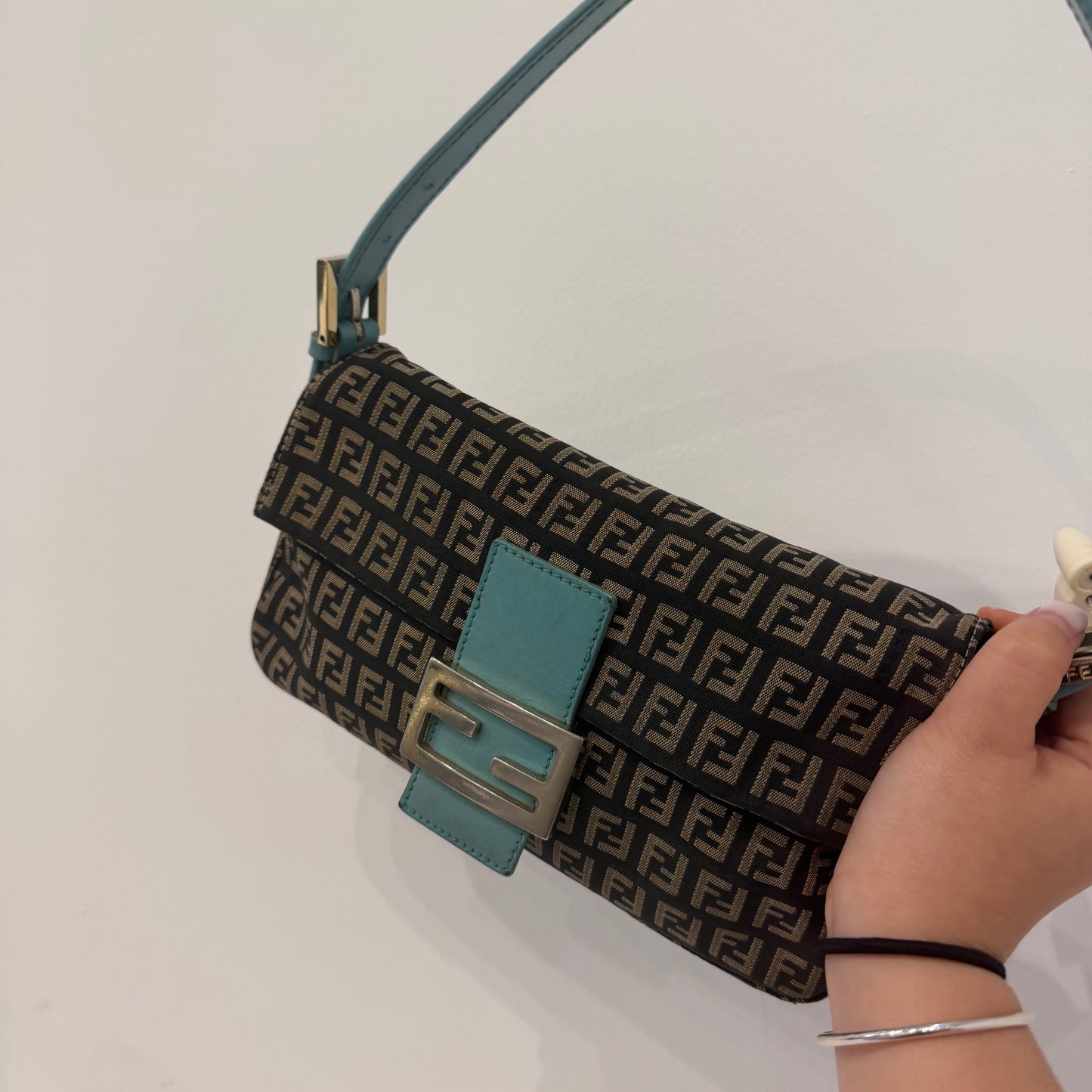 Fendi Black Zucchino Canvas & Teal Leather Baguette Shoulder Bag