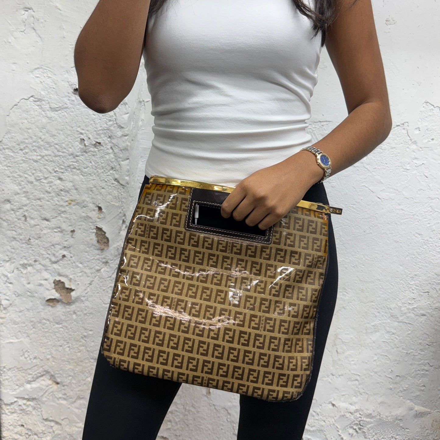 Fendi Brown Patent Leather Zucchino Monogram Gold Trim Top Handle Flat Bag