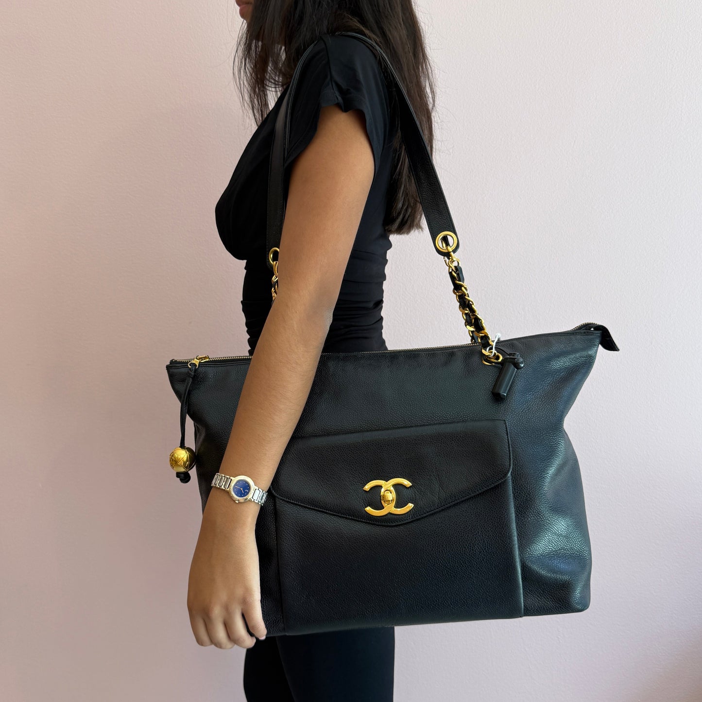 Chanel Caviar Jumbo Pocket Shoulder Tote Bag