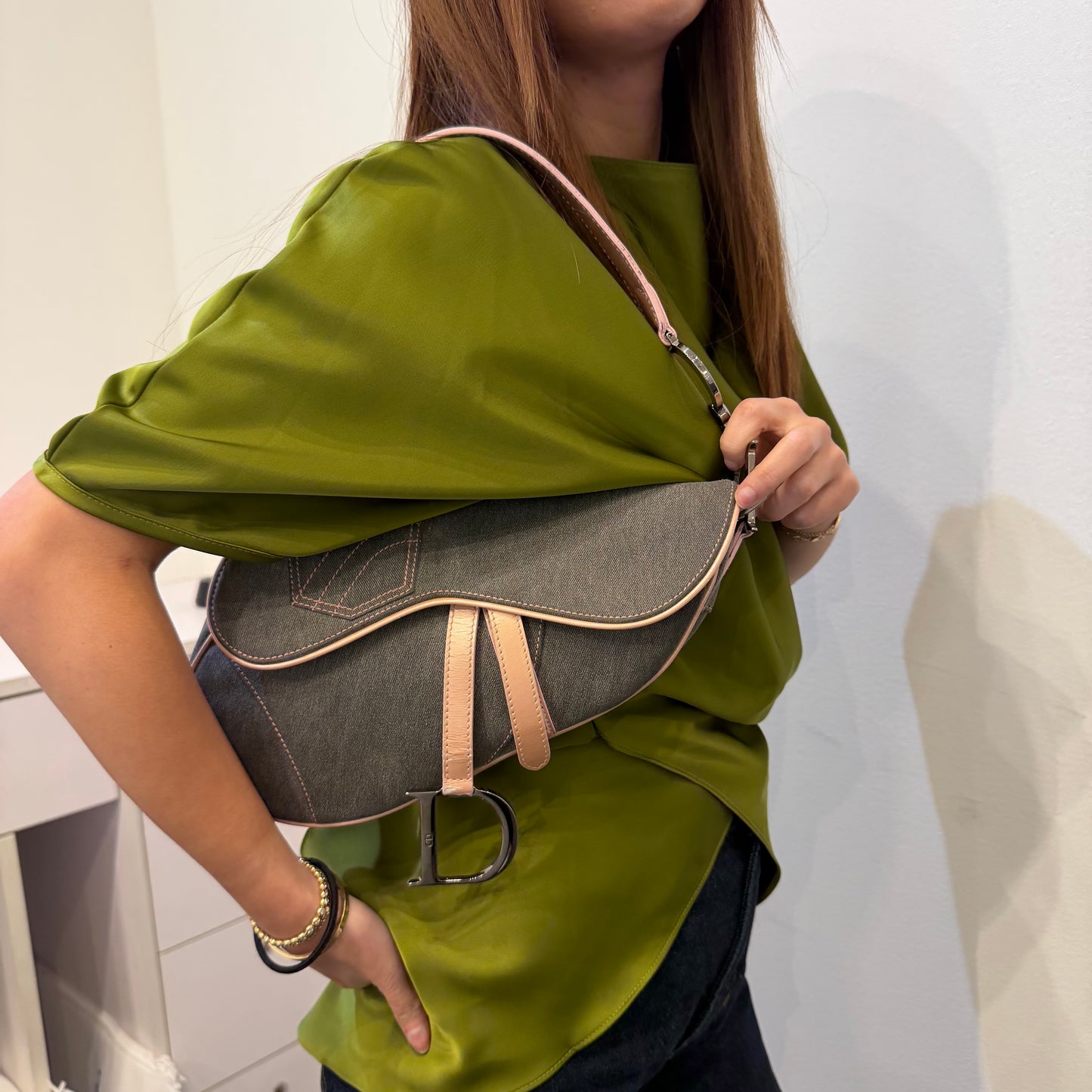 Christian Dior Gray Denim & Pink Patent Leather Saddle Shoulder Bag