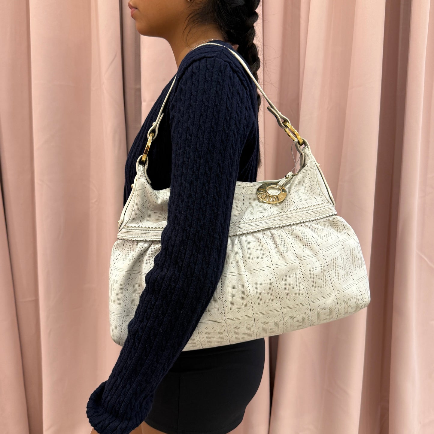 Fendi White Zucca Laser Cut Monogram Shoulder Bag