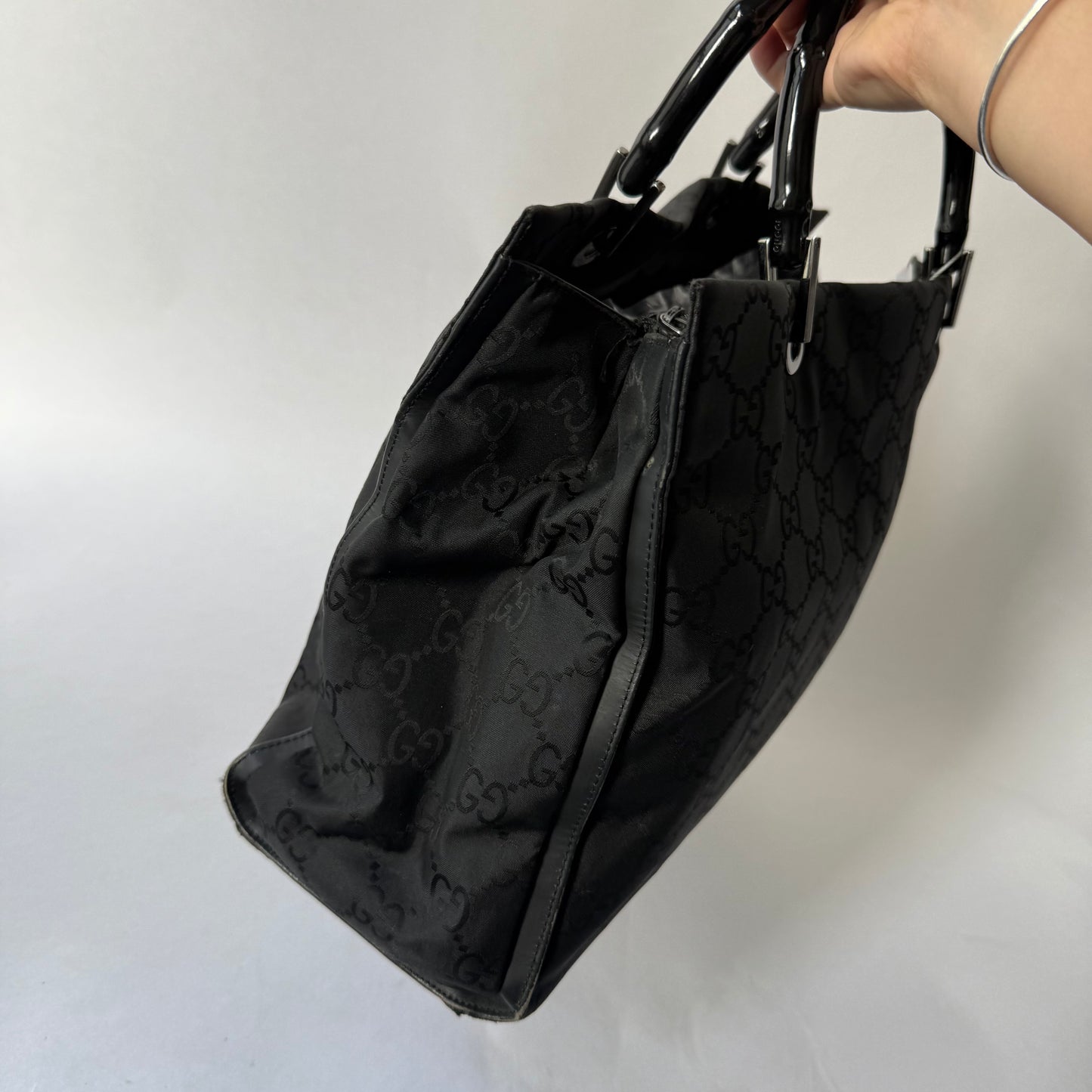 Gucci Black Monogram Canvas Bamboo Handle Shoulder Bag