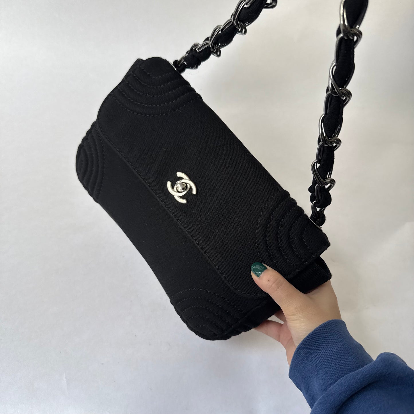 Chanel Black Jersey Chain Shoulder Flap