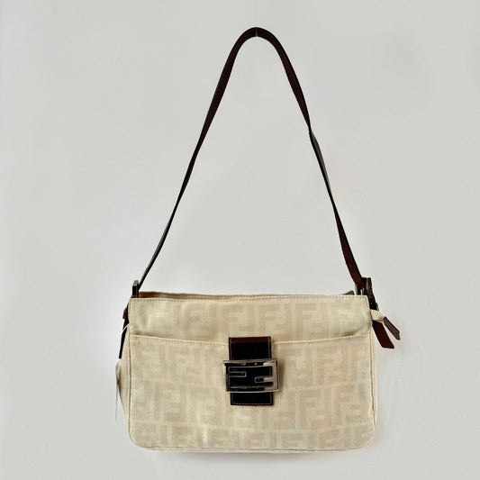 Fendi Cream Canvas Zucca Shoulder Baguette Bag