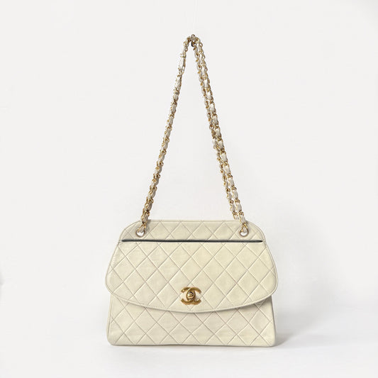 Chanel 24k GPHW White Lambskin Quilted Front Flap Chain Shoulder Bag