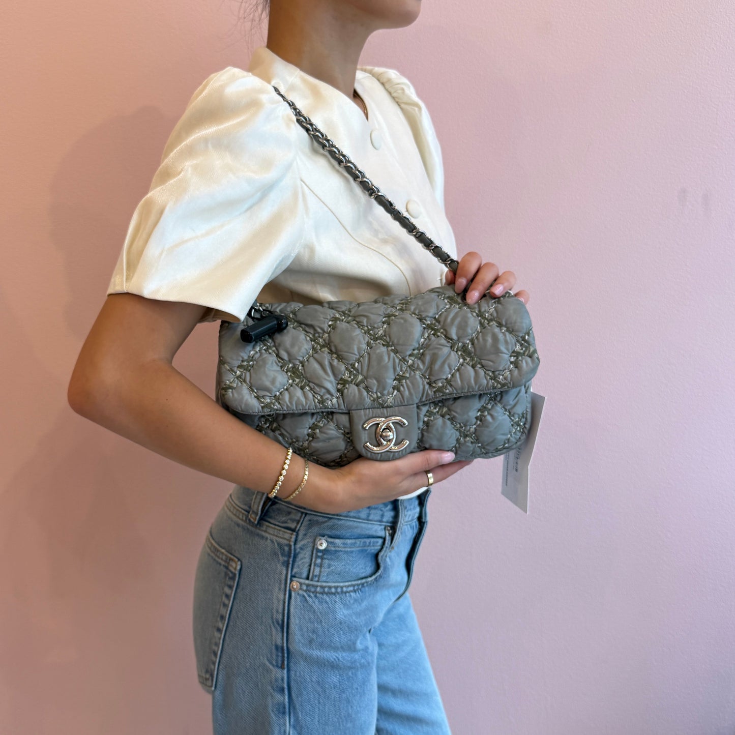 Chanel Gray Nylon Quilted Flap Bag