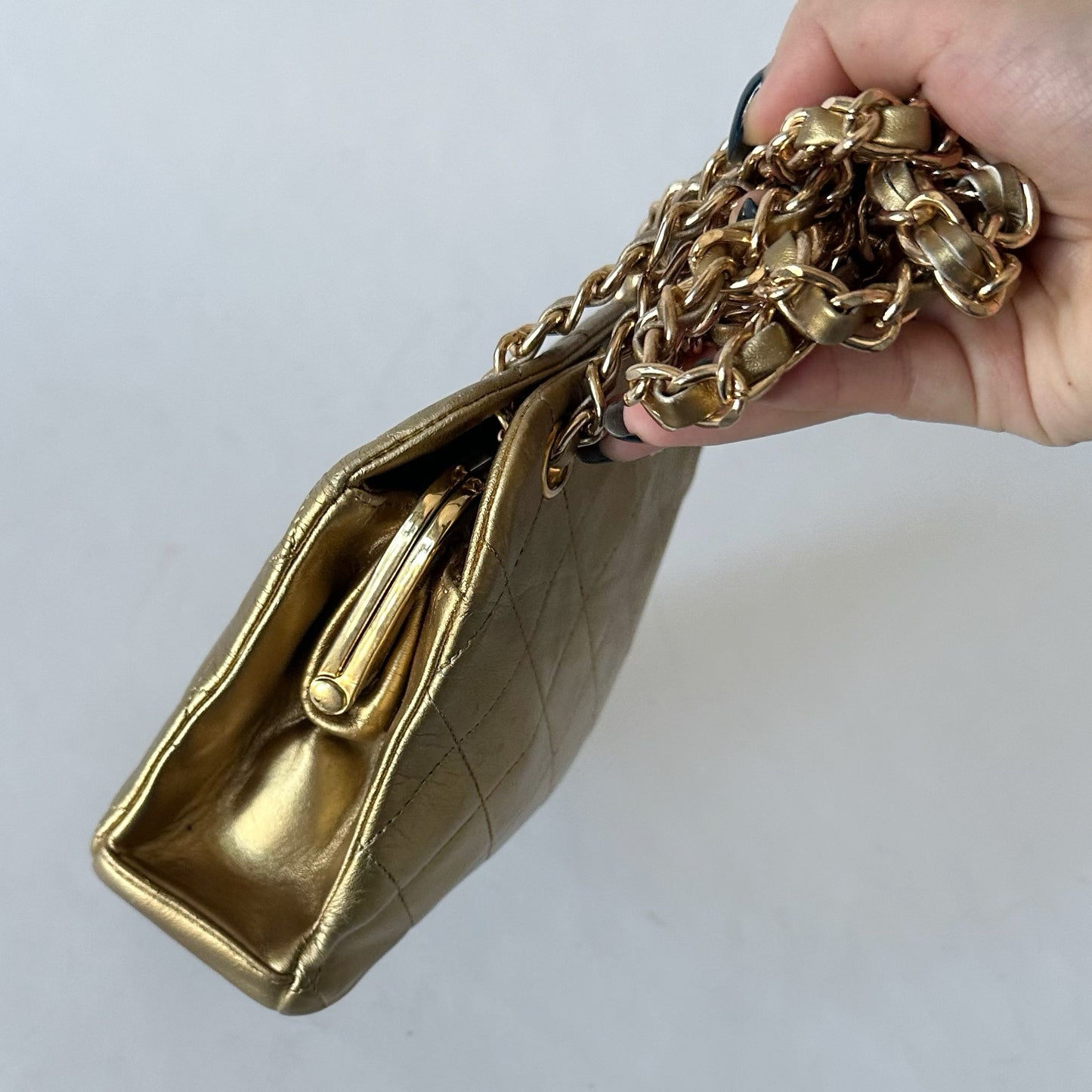 Chanel 1990 Gold Lambskin Kisslock Shoulder Bag