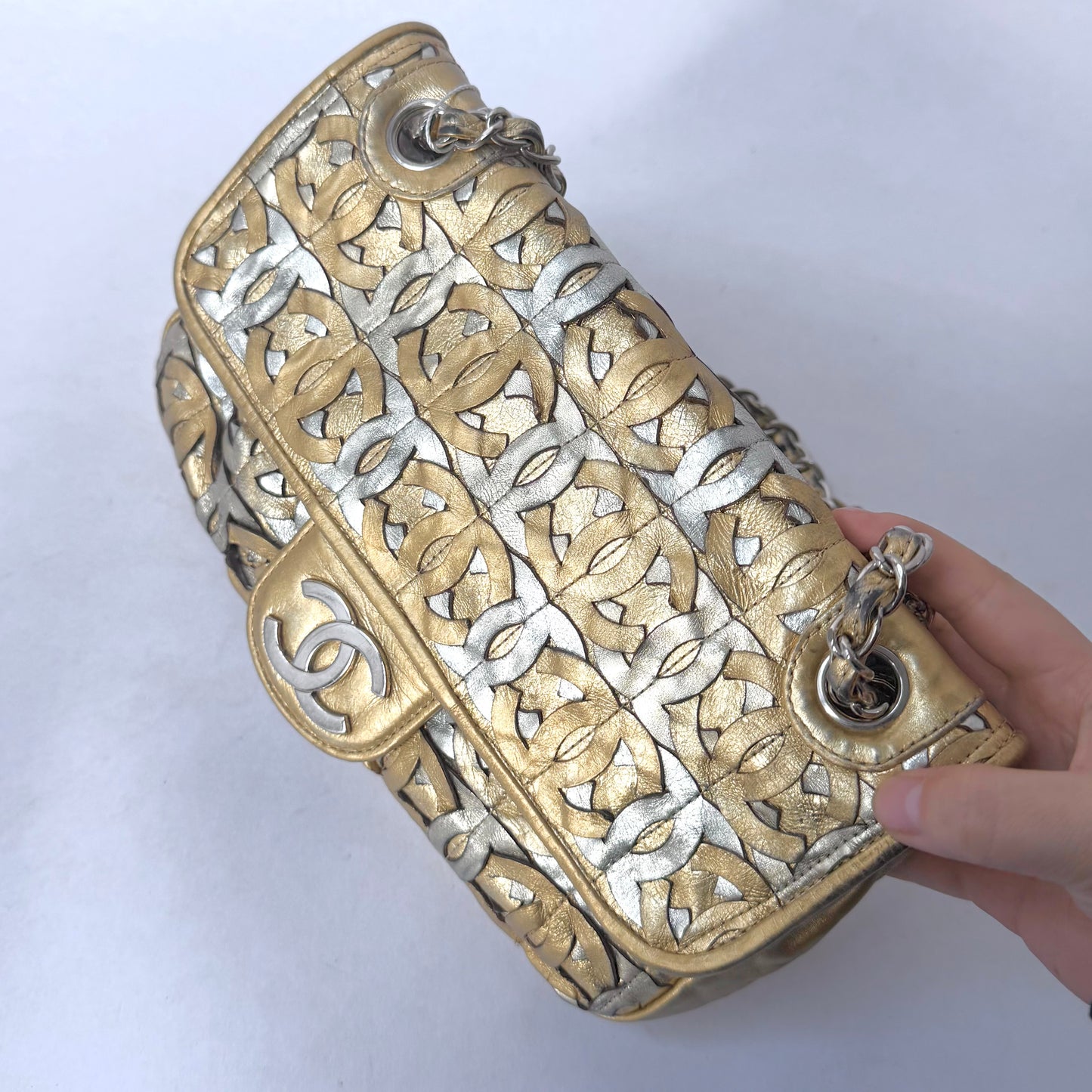 RARE Chanel Gold Metallic CC Cutout Lambskin Medium Flap