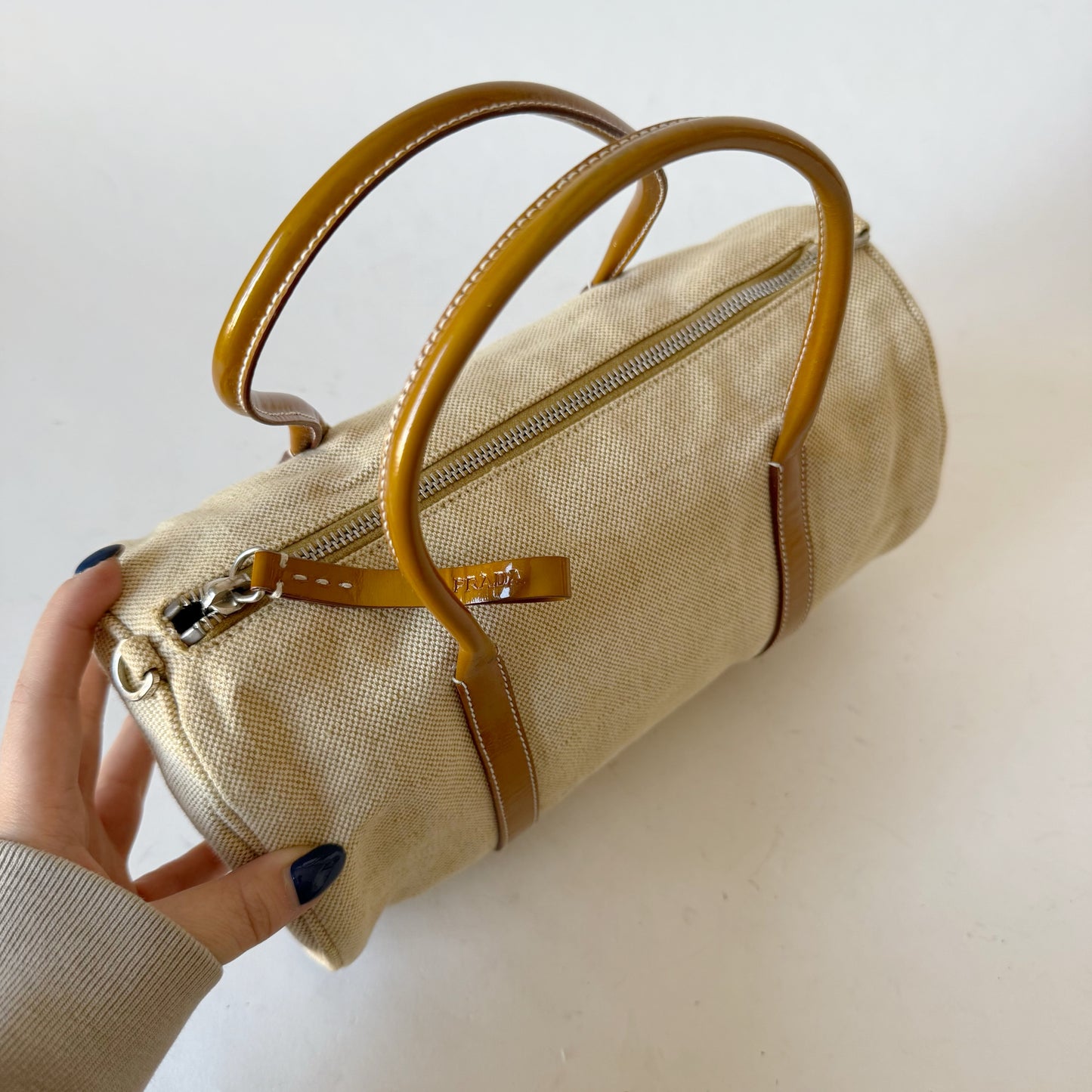 Prada Beige Canvas & Patent Leather Barrel Bag