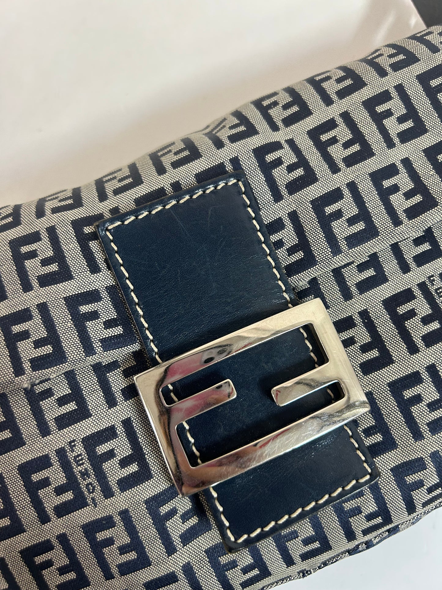 Fendi Navy Canvas Zucchino Monogram Baguette Shoulder Bag