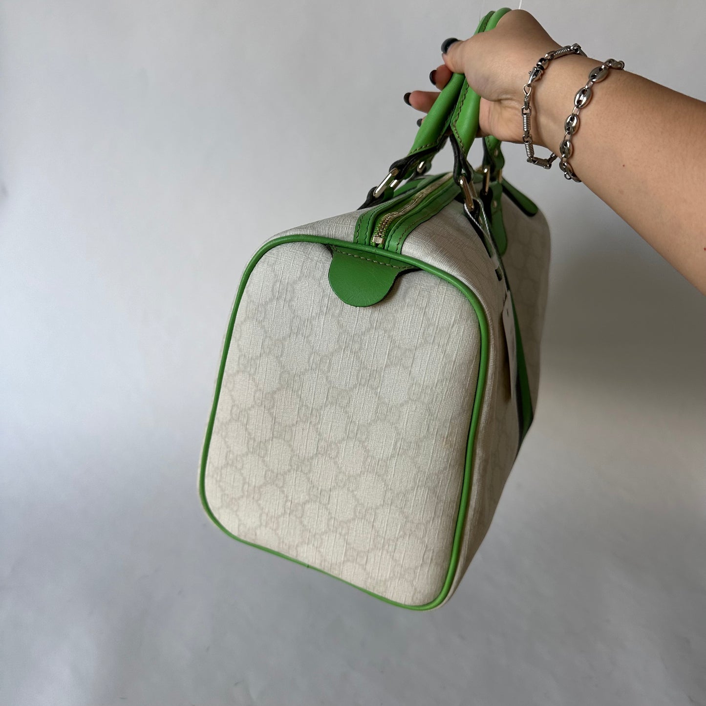 Gucci White Monogram Green Web Stripe Large Boston Bag