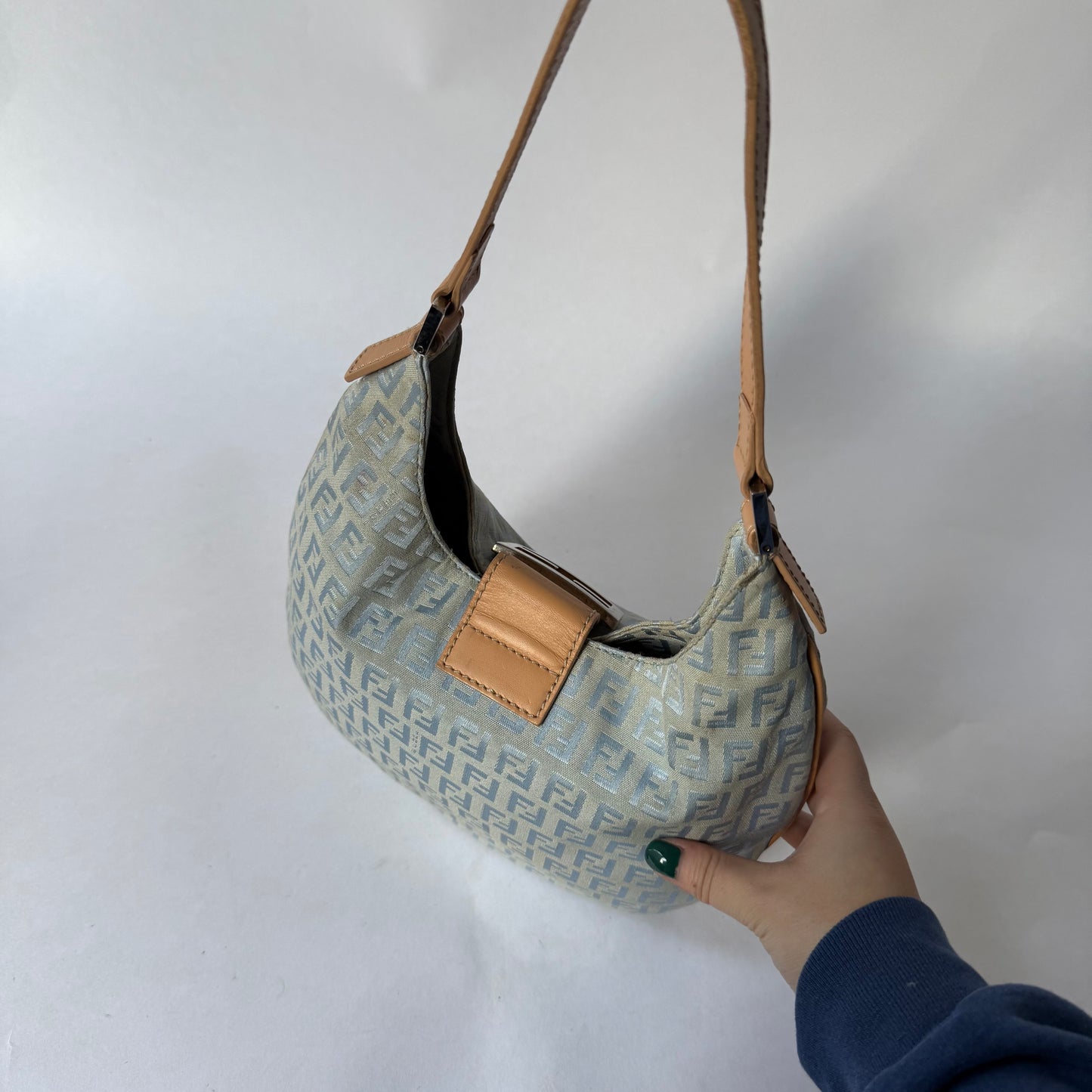 Fendi Blue Canvas Zucchino Baguette Hobo Bag