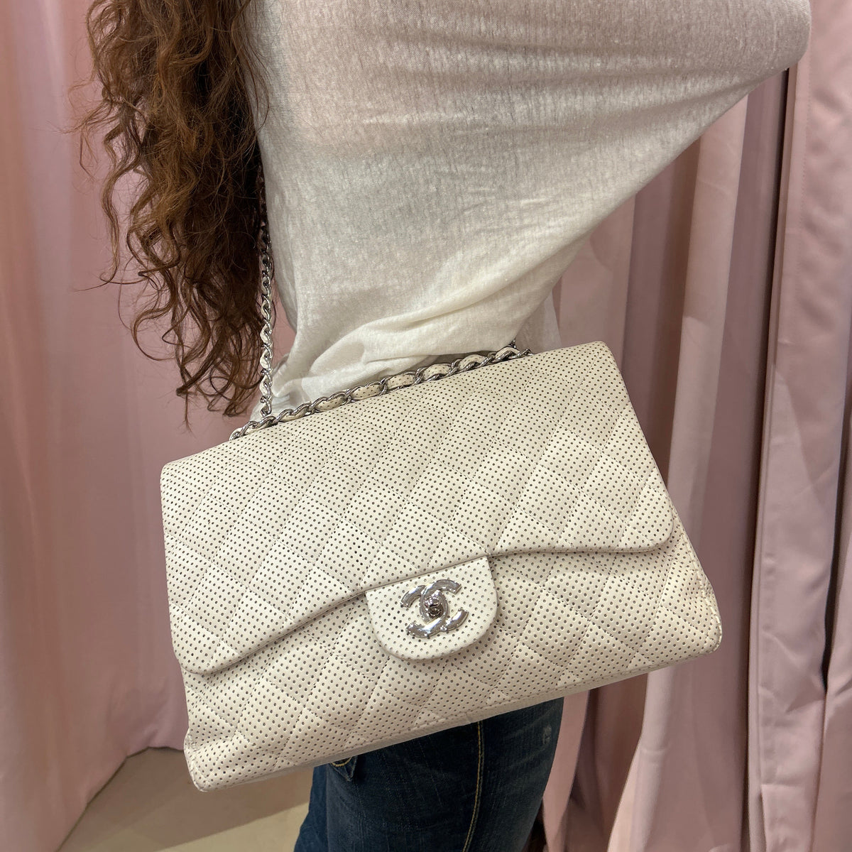 Chanel White Lambskin Leather Perforated Flap Shoulder Bag SHW