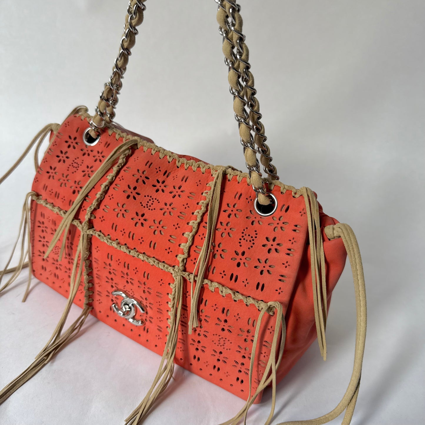 Chanel Orange Suede Perforated Fringe Flap Shoulder Bag